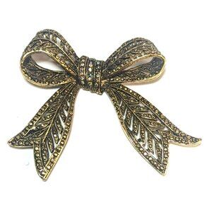Vintage Antiqued Gold Tone Rhinestone Iridescent Bow Brooch Pin